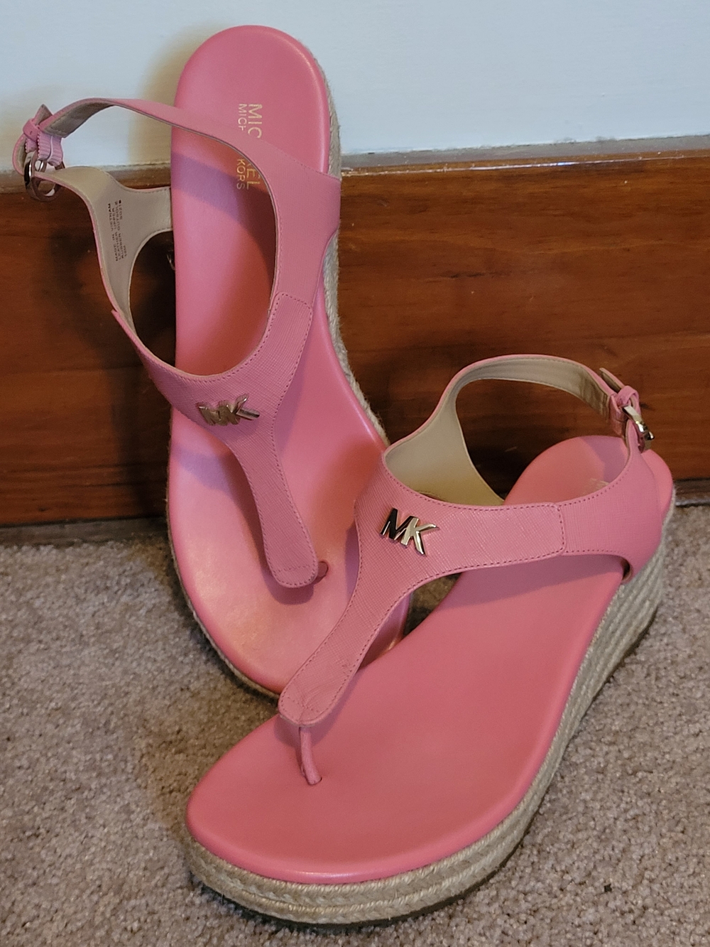 Michael Kors Pink Leather Espadrille Wedge Sandals MK Logo Ankle Strap Womens 10
